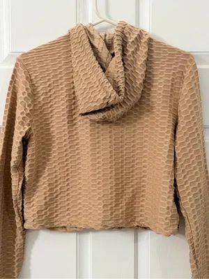 Cropped Tan Textured Zip Hoodie Jacket - Women thumbnail 5