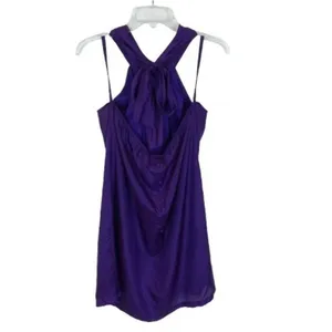 NWT Industry Womens Size Large 100% Silk Royal Purple Halter Neck Mini Dress NEW thumbnail 3