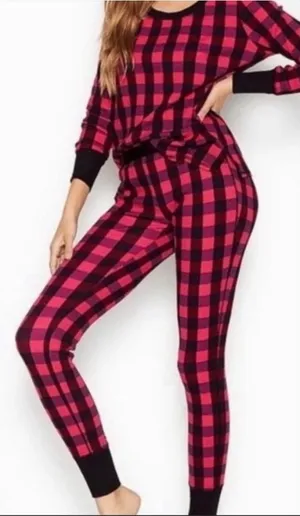 Victoria’s Secret Thermal Pink Black Plaid Pajama Set Size Large thumbnail 1