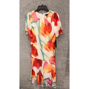 Maggy London Women Dress 10 Cream Coral Polyester Floral Popover Midi Flutter thumbnail 3