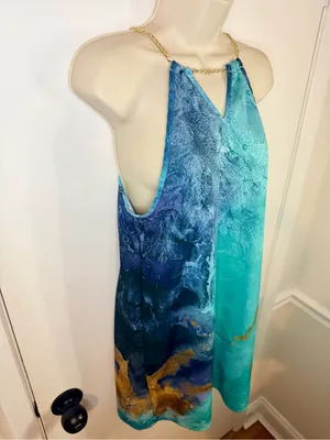Emery Rose S Teal Blue Gold Chain Halter Dress Watercolor Marble Mini thumbnail 6