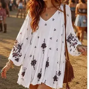 Free People Dress Women XS White Embroidered Rayon Boho Mini Back Cutout thumbnail 1