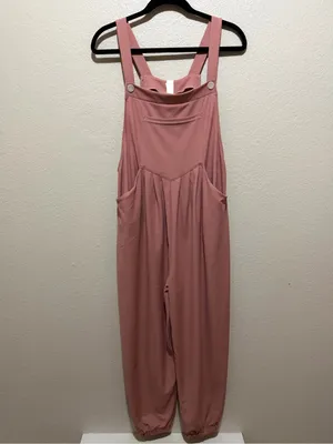 NWT Halara Pockets Waffle Casual Overalls Rose Tan Large Petite thumbnail 3