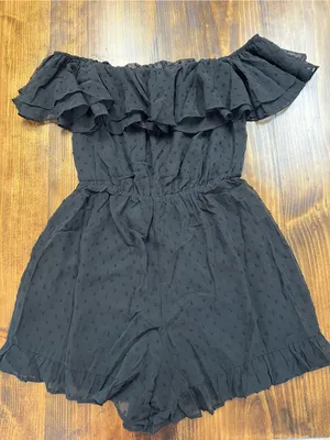 Lulus Frilled to Bits Black Swiss Dot Off-the-Shoulder Romper Size Small NWT thumbnail 12