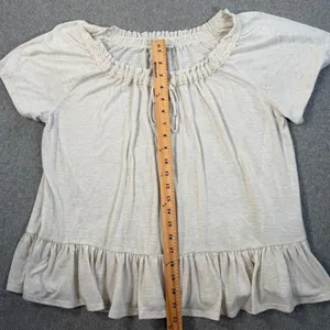 Cato Women's Large Beige Short Sleeve Peasant Blouse Ruffled Hem Button Front thumbnail 5