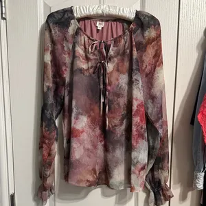 💖 Autres Filles Watercolor Grunge‎ Puff Long Sheer Sleeve Abstract Blouse thumbnail 2