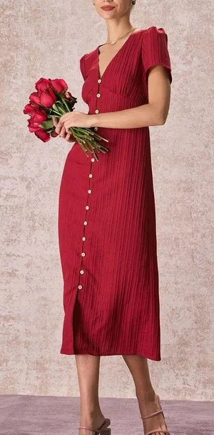 Rihoas Red V Neck Shirred Puff Sleeve Midi Dress thumbnail 5