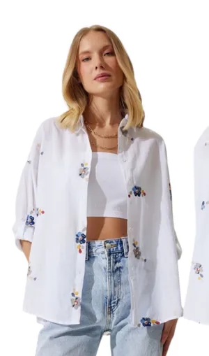 Patiskha Life 100% Cotton Long Sleeve Button Up Floral Embroidered White Medium thumbnail 1