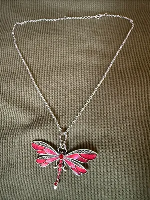 Silver Tone Pink Dragonfly Pendant Necklace thumbnail 1