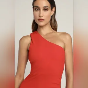 Lulus Red Centered on Style One-Shoulder Ribbed Bodycon Slit Midi‎ Dress Size XL thumbnail 2