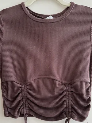 Garage Ribbed Cropped Tie Front Top, Casual Going Out Top, Brown, Size Medium thumbnail 2