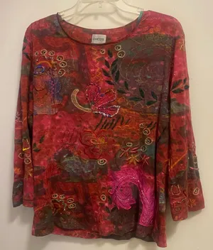 Chico’s Chicos Womens Size 1 L 42” Top Blouse Shirt Red Marble Embroidered Boho thumbnail 1