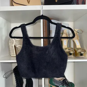 Babaton Aritzia Fuzzy Knit Cropped Tank Top Navy Scoop Neck Womens Medium EUC thumbnail 2