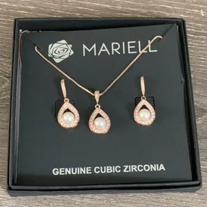 Mariell Rose Gold Pearl Necklace Drop Earrings Wedding Set Brides Bridesmaids thumbnail 1