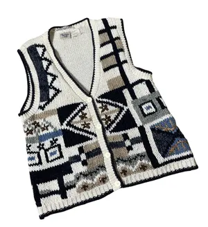 Huntington Ridge Vtg Boho Hand Knit Sweater Vest Womens M White Navy Patchwork thumbnail 1