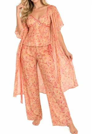 Romance Loungwear Womens M Pink Floral Pant Camisole Robe Sheer Romantic Love thumbnail 1