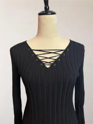 Black Lace Up Ribbed Long Sleeve Top Size L Y2K Whimsigoth Soft Goth thumbnail 3