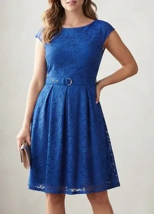 Alfani‎ Fit & Flare Dress Blue Floral Lace Belted Cocktail Party Wedding Work XL thumbnail 1