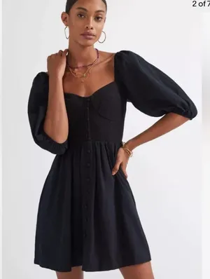 Anthropologie Maeve Puff Sleeve Smocked Button Front Black Mini Dress Size L NWT thumbnail 1