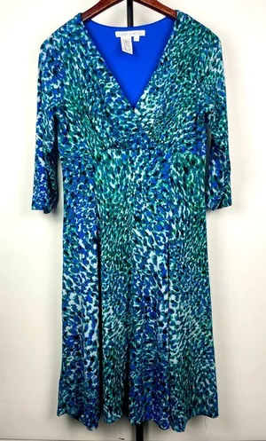 Maggy London Blue Green Animal Print 3/4 Sleeve Empire‎ Waist Fit & Flare Dress thumbnail 1