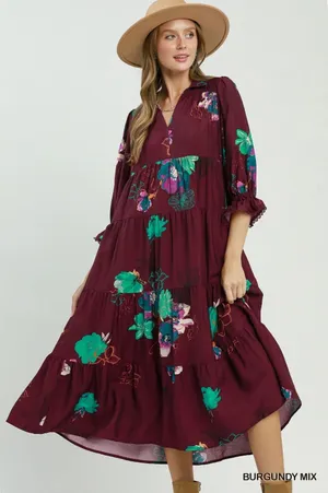 Umgee Floral Print Tiered Midi Dress with Puff Sleeves‎ - Burgundy - Small thumbnail 1
