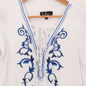 Lulus Embroidered Boho Shift Dress Swim Cover Womens Size M White‎ Blue Resort thumbnail 8