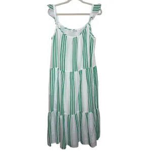 PJ Salvage Green Stripe Cotton Tiered Midi Dress Ruffle Strap Summer Size L thumbnail 2
