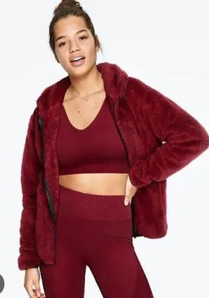 Victorias Secret PINK Teddy Full Zip relaxed jacket cozy fleece sherpa Maroon S thumbnail 1
