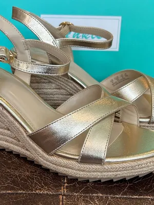 Ankis Metallic Gold Crisscross Straps Ankle Buckle Espadrille-Style Wedge Sandal thumbnail 4