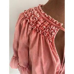 Free People‎ Pink Washed Smocked Neck Ruffle Sleeve Tie Neck Blouse Top S thumbnail 3