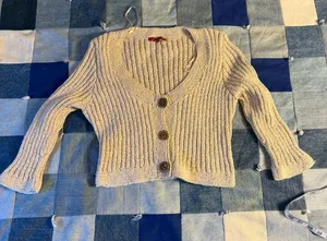 San Francisco Cropped Ribbed Cardigan XL Cream Button Front Flare Sleeve thumbnail 1
