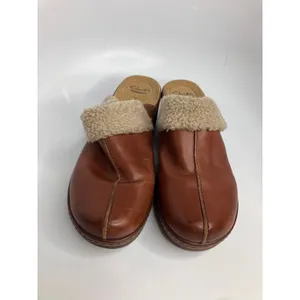 Clarks Clogs Women 10 Brown Good Leather Faux Shearling Trim Platform Mules thumbnail 2