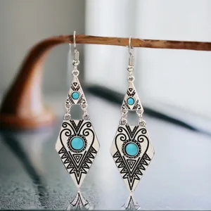 Carved Geometric Shape With Turquoise Decor Dangle Earrings Retro Bohemian Style thumbnail 9