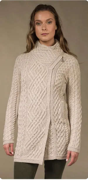 Aran‎ Mor Womens Merino Wool Irish Cable Knit Side Zip Coatigan Sweater Size S thumbnail 1