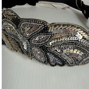 Silver Beaded Embroidered Boho Festival Floral Belt Elastic Sz 34 Waistband NWT thumbnail 3