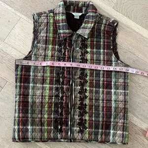Christopher & Banks Quilted Plaid Embroidered Vest Brown Green Size S thumbnail 6