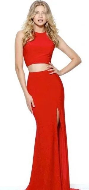 Two Piece Halter High Slit Red Prom Dress thumbnail 1