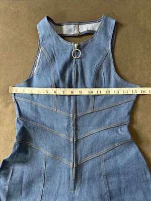 Sleeveless Sexy Blue Denim Jumpsuit Front Zip Slim Fit Retro 70s Flare Size S thumbnail 8