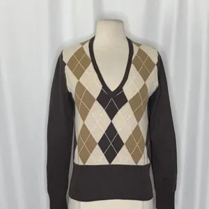 UNITED COLORS OF BENETTON Argyle Wool Blend V-Neck Sweater Preppy Size Small thumbnail 3