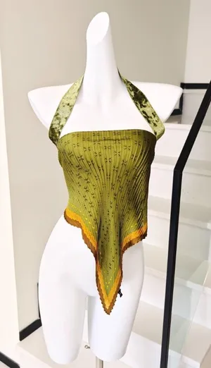 Olive Green Pleated Halter Top Floral Pattern Velvet  thumbnail 1