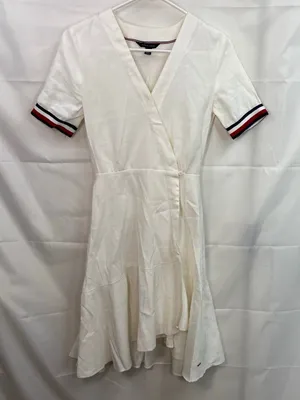 Tommy Hilfiger women's cream striped v-neck wrap vintage knee fit‎ flare dress thumbnail 1