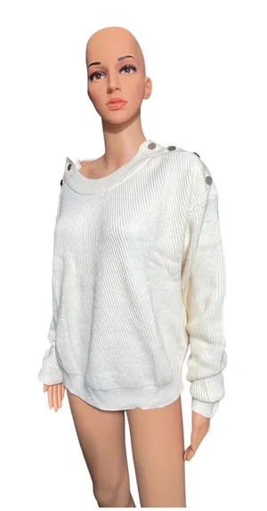 Women’s Cream Ribbed Knit Sweater Button Shoulder Detail Long Sleeve thumbnail 1