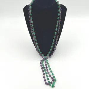 Purple Green faceted Bead 2 Necklace Set Layered Boho Statement Gold Tone 34" thumbnail 2