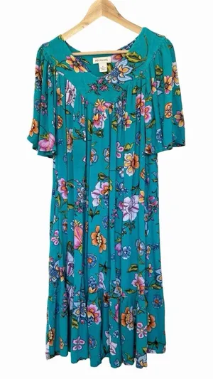 Bechamel Floral Maxi House Dress S Turquoise Pink Boho Cottagecore Artisan Folk thumbnail 1