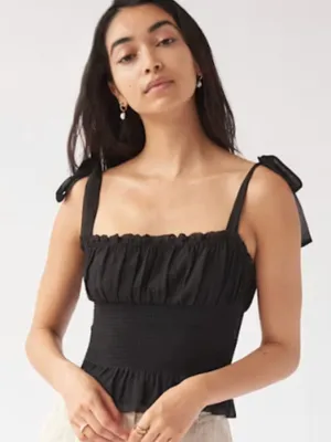 Aritzia Wilfred Black Smocked Tie-Shoulder Ruffle Tank thumbnail 1
