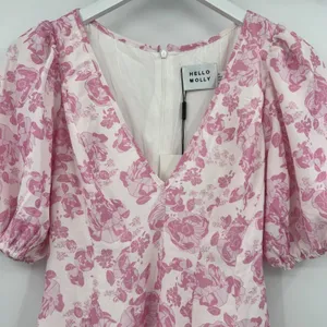 Hello Molly Women's 4 Short Sleeve Pink White Floral Mini Dress V-Neck Girly NWT thumbnail 3