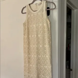 LOFT Ivory Crochet Lace Shift Dress Size 0 Scalloped Hem thumbnail 4