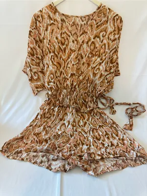 Cupshe Brown & Cream Printed Short Sleeve Romper with Waist Tie thumbnail 1