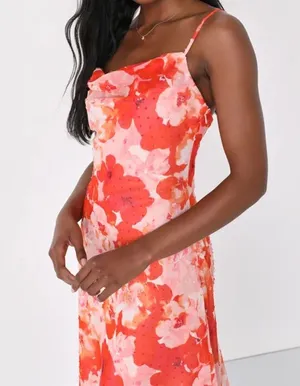 Lulus Pink Floral Swiss Dot Cowl Neck Midi Dress Size Small thumbnail 2