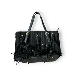 Womens Large Black Fringe Suede Embossed Studded Shoulder Bag Western Festival thumbnail 2